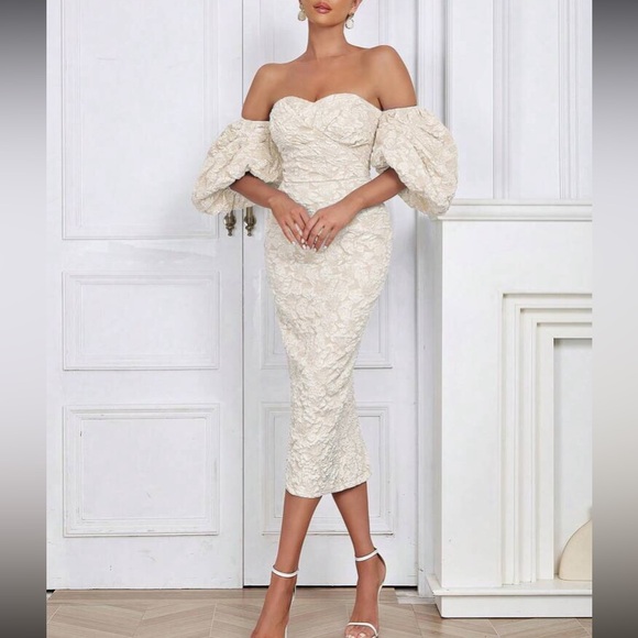 Luxe floral jacquard off shoulder party formal evening dress